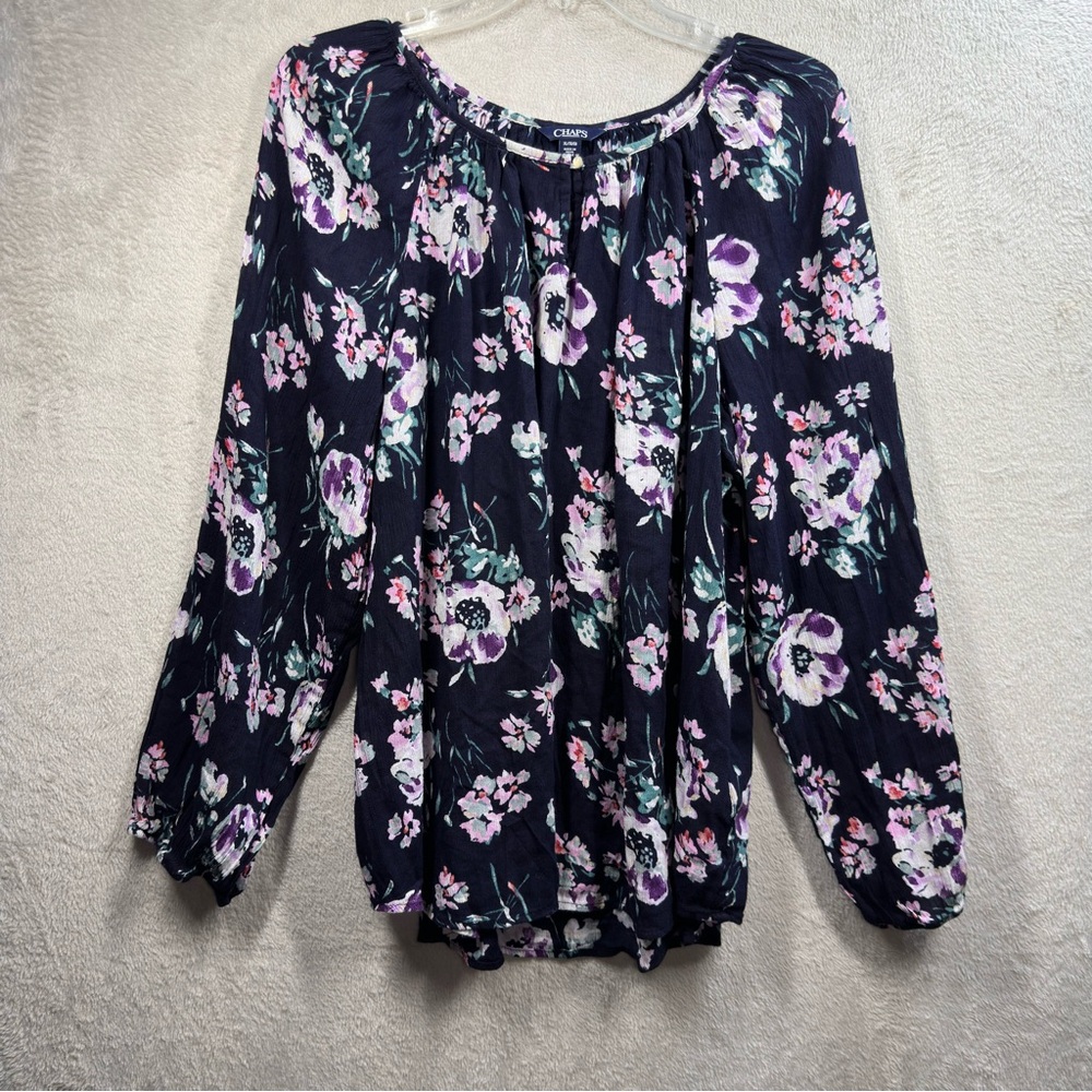CHAPS Peasant Blouse Women’s‎ XL Black Floral Boho Gauzy Balloon Sleeve Relaxed